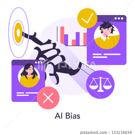 AI Bias vector illustration depicting a robot hand evaluating profiles, highlighting fairness issues in AI decision-making. Gender balance and ethical considerations are visualized. AI Bias vector illustration depicting a robot hand evaluating profiles, highlighting fairness issues in AI decision-making. Gender balance and ethical considerations are visualized. 133216834