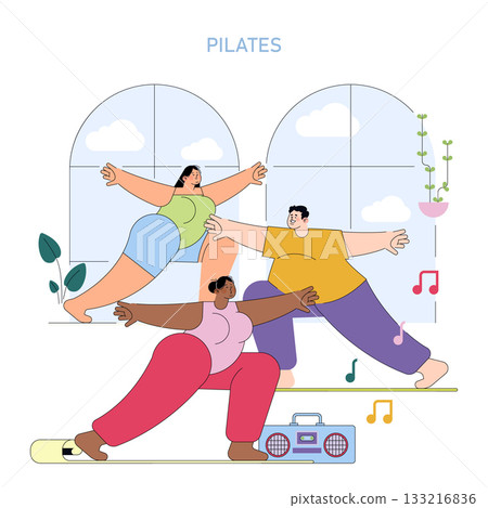 Diverse individuals joyfully engage in a pilates session, emphasizing balance and flexibility. The vector illustration captures community and wellness in a lively setting with musical elements. Diverse individuals joyfully engage in a pilates session, emphasizing balance and flexibility. The vector illustration captures community and wellness in a lively setting with musical elements. 133216836