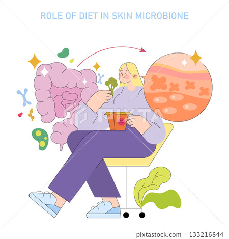 Vector illustration depicting the connection between diet and skin microbiome. A person enjoys a healthy snack, highlighting dietary influences on skin health and digestive microbiome. 133216844