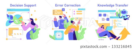Vector illustration depicting AI assisting in decision support, error correction, and knowledge transfer. People interact with digital interfaces, highlighting the synergy of AI and human Vector illustration depicting AI assisting in decision support, error correction, and knowledge transfer. People interact with digital interfaces, highlighting the synergy of AI and human 133216845