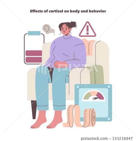 Vector illustration of a woman seated with a fatigued expression, surrounded by symbols indicating stress, exhaustion, and health concerns, highlighting cortisol's impact on behavior. Vector illustration of a woman seated with a fatigued expression, surrounded by symbols indicating stress, exhaustion, and health concerns, highlighting cortisol's impact on behavior. 133216847