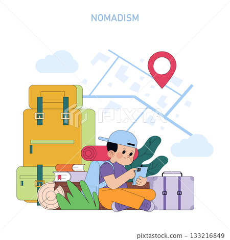 Vector illustration of a young traveler surrounded by luggage while using a digital map. The scene emphasizes the concept of nomadism and digital exploration in travel. 133216849
