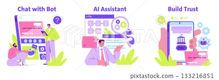 Vector illustration showcasing interaction with a chat bot, an AI assistant aiding problem-solving, and a secure online payment process. Bright and engaging digital communication themes. Vector illustration showcasing interaction with a chat bot, an AI assistant aiding problem-solving, and a secure online payment process. Bright and engaging digital communication themes. 133216851