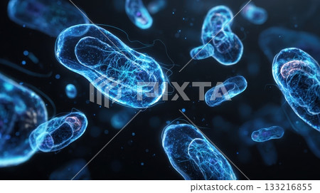 Futuristic holographic germs floating in empty air with a clean minimal medical tech look 133216855