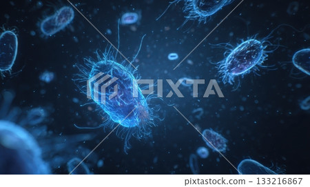Futuristic holographic germs floating in empty air with a clean minimal medical tech look 133216867