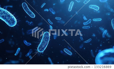 Futuristic holographic germs floating in empty air with a clean minimal medical tech look 133216869