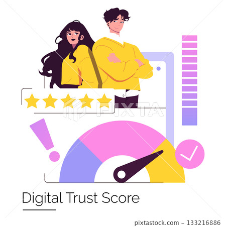 Vector illustration showing two people standing confidently in front of a digital trust score meter. A five-star rating enhances the scene, emphasizing online reputation and security. 133216886