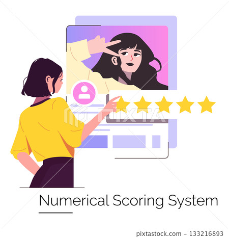 Vector illustration of a woman engaging with a digital profile screen, applying a star rating system. The image depicts digital evaluation and online feedback interaction. Vector illustration of a woman engaging with a digital profile screen, applying a star rating system. The image depicts digital evaluation and online feedback interaction. 133216893