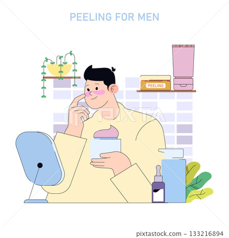 Vector illustration of a man applying peeling cream during his skincare routine. The setting includes skincare products like bottles and jars, creating a relaxed self-care atmosphere. Vector illustration of a man applying peeling cream during his skincare routine. The setting includes skincare products like bottles and jars, creating a relaxed self-care atmosphere. 133216894