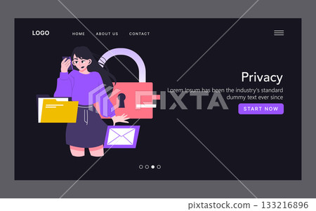 Vector illustration featuring a woman managing privacy settings on a website. She is surrounded by symbols of security, such as a lock and confidential folders, conveying the theme of data protection. 133216896
