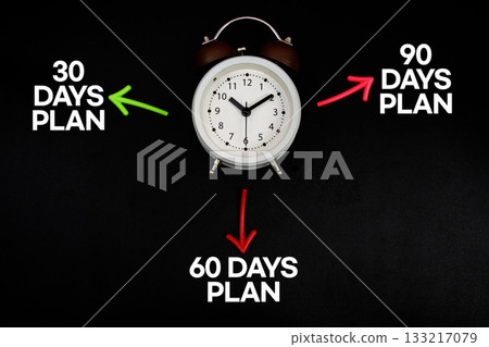 Alarm clock surrounded by colorful arrows pointing to the words "30 Days Plan, 60 Days Plan, 90 Days Plan" Alarm clock surrounded by colorful arrows pointing to the words "30 Days Plan, 60 Days Plan, 90 Days Plan" 133217079