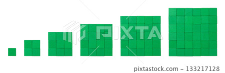 Green wooden cubes, arranged in squares, visualizing square numbers and perfect squares from 1 to 6. For example, the square number of six is 36, shown on the far right side. Isolated, from above. 133217128