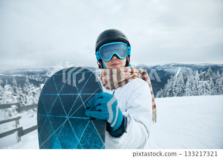Close up of the ski goggles of a woman with the reflection of snowed mountains. Ski Woman Close up of the ski goggles of a woman with the reflection of snowed mountains. Ski Woman 133217321