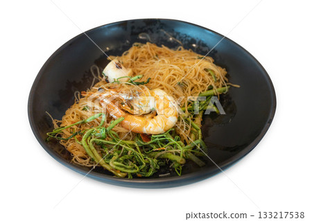 Top view of Stir Fried Rice Vermicelli with Water Mimosa and Shrimp, focus selective 133217538