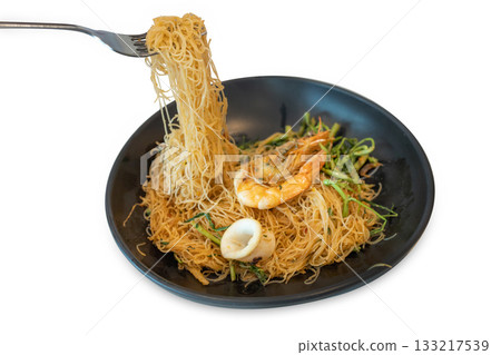 Top view of Stir Fried Rice Vermicelli with Water Mimosa and Shrimp, focus selective 133217539