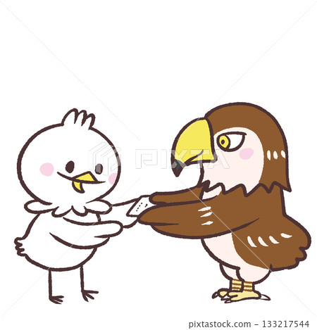 Illustration of a white bird receiving a hawk's business card 133217544