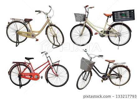 side view four antique color bicycles on white background, decor, object, fashion, transporation, ancient, copy space 133217793