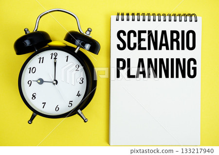 Scenario Planning text with alarm clock flat lay on yellow background Scenario Planning text with alarm clock flat lay on yellow background 133217940
