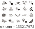 Hand-drawn Japanese pattern black and white illustration material set 133217978