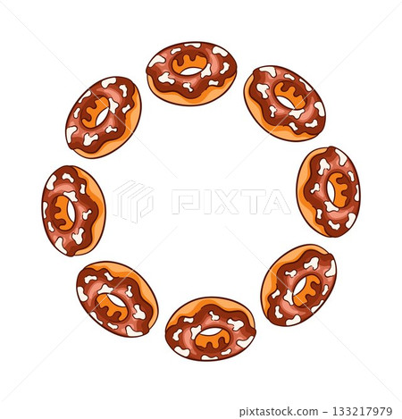 Wreath with donut chocolate in cartoon style. Desing for labels, restaurant, cafe card, bakery menu isolated on a white background. 133217979