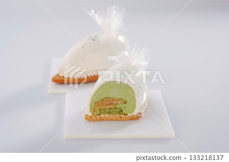 Detailed view. Delicious cake against white background 133218137