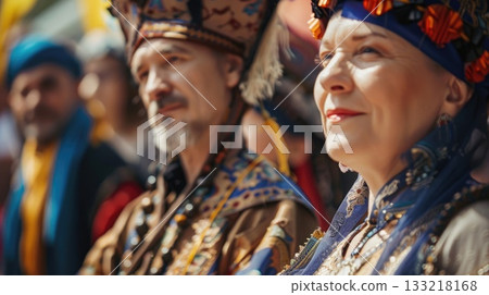 Bosnian National Day street celebration featuring a procession of people in colorful national costumes during a traditional folk parade. Cultural heritage and community spirit 133218168