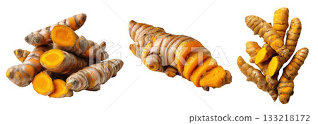 Set of herbs, fresh turmeric root, Isolated on a transparent background. 133218172