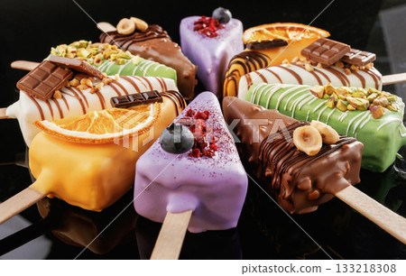 Organized on the surface. Tasty cheesecakes on the black background Organized on the surface. Tasty cheesecakes on the black background 133218308