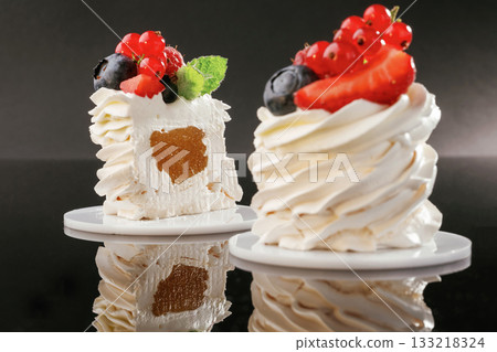 Summer fruit mix. Delicious cake against black background Summer fruit mix. Delicious cake against black background 133218324