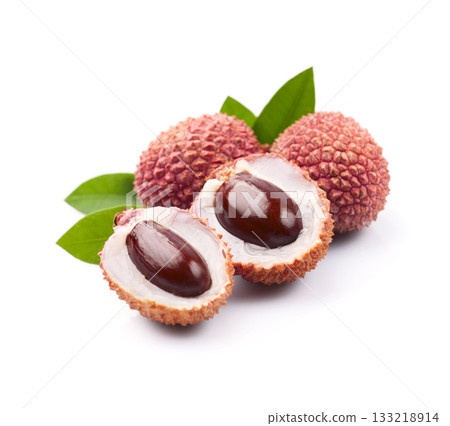 Lychee fruits with leaves on white backgrounds Lychee fruits with leaves on white backgrounds 133218914