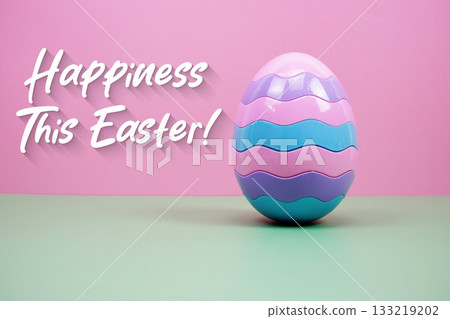 Easter Egg with text "Happiness This Easter!" on pink and green background Easter Egg with text "Happiness This Easter!" on pink and green background 133219202