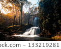 Ancient monastery nestled in autumn forest landscape under blue sky. Monasterio de Piedra 133219281
