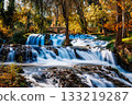 Scenic waterfall cascading through the Monasterio de Piedra park in Spain 133219287