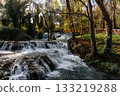 Scenic waterfall cascading through the Monasterio de Piedra park in Spain 133219288