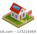 For sale sign next to a house. Isometric projection 133219369