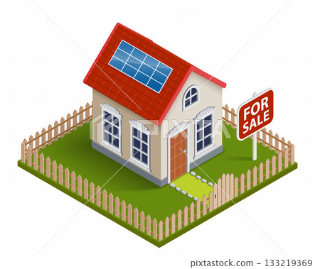 For sale sign next to a house. Isometric projection For sale sign next to a house. Isometric projection 133219369
