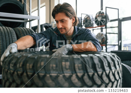 Conception of maintenance. Man is in the tire fitting car service Conception of maintenance. Man is in the tire fitting car service 133219483
