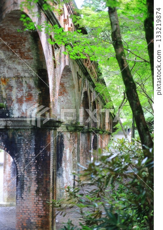 A retro brick waterway surrounded by fresh greenery A retro brick waterway surrounded by fresh greenery 133219874