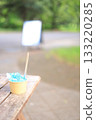 Blue Hawaii shaved ice on a park bench 133220285