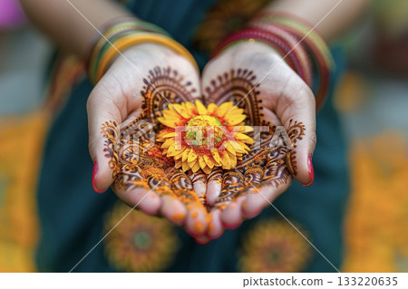 hands with henna holding marigold flower, bride offering floral blessing during intimate festival ceremony, 133220635