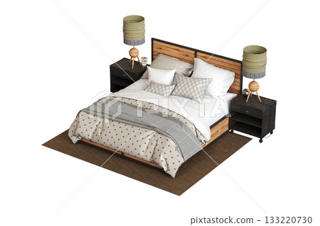 bed isolate on a transparent background, interior furniture, 3D illustration, cg render 133220730