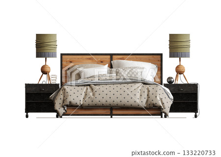 bed isolate on a transparent background, interior furniture, 3D illustration, cg render 133220733