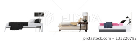 bed isolate on a transparent background, interior furniture, 3D illustration, cg render 133220782