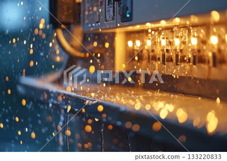 Electrical components with glowing sparks and moisture in industrial environment 133220833