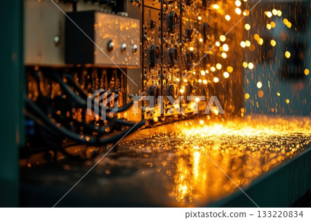 Close-up of electrical panel with bright sparks and water spray during equipment operation 133220834
