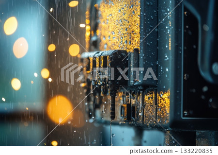 Close-up of electrical panel with bright sparks and water spray during equipment operation 133220835