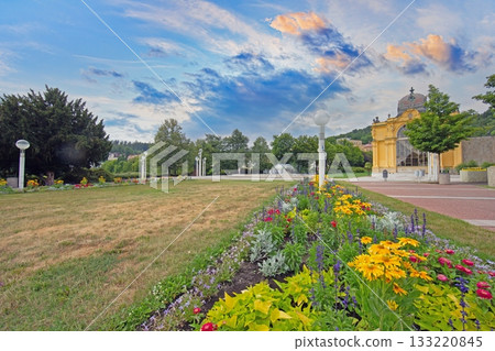 Flower garden and park near spa pavilion in Marianske Lazne Flower garden and park near spa pavilion in Marianske Lazne 133220845