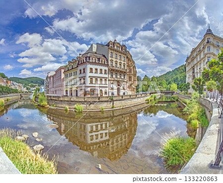 Panorama of Tepla river and historic facades in Karlovy Vary Panorama of Tepla river and historic facades in Karlovy Vary 133220863