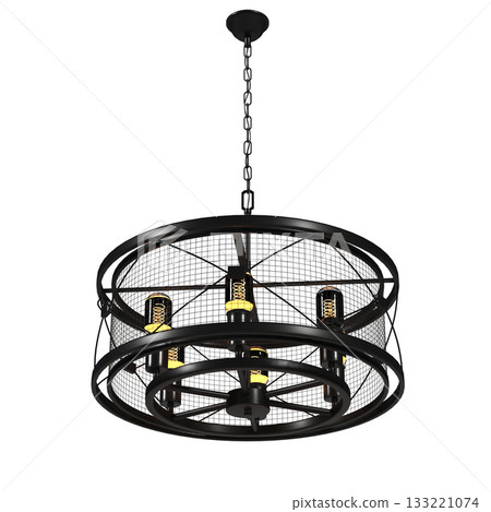 chandelier on the ceiling isolated on transparent background, hanging lamp, pendant light, 3D illustration, cg render 133221074