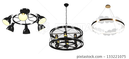 chandelier on the ceiling isolated on transparent background, hanging lamp, pendant light, 3D illustration, cg render 133221075